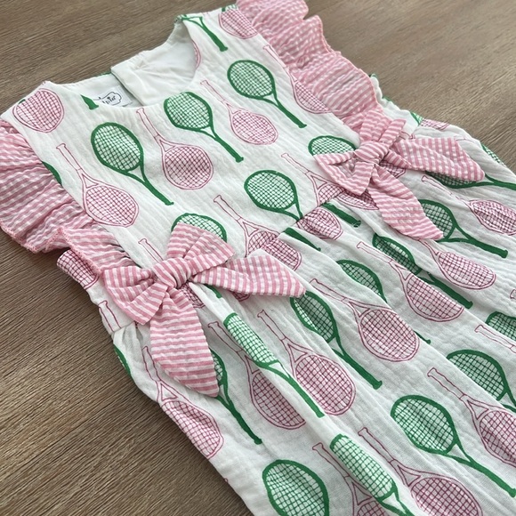 Mudpie Baby Girl Cotton Tennis Seersucker Romper Longall 6-9 months - Picture 6 of 6